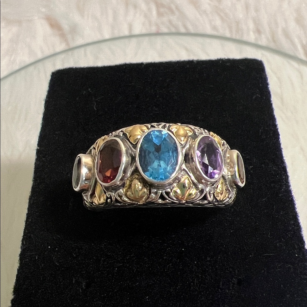 Luxury Sterling Silver and 18K Solid Gold Multi Gemstone Ring